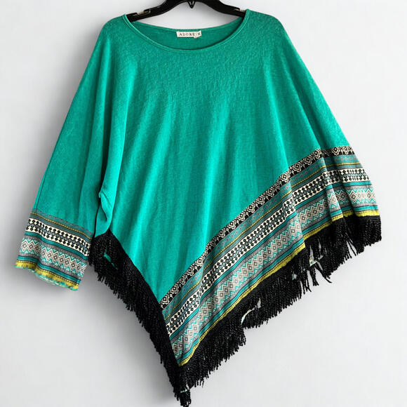 Adore Teal Tapestry Fringe Sweater Size XLarge One Sleeve One Open Side - Picture 2 of 7